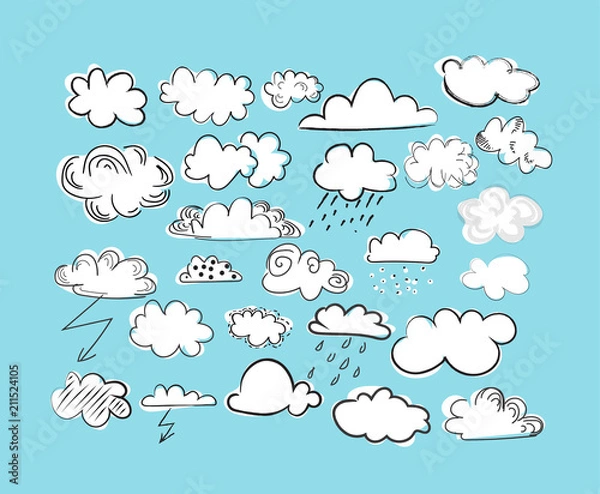 Obraz Hand drawn clouds with rain and snow. Set of vector clouds. Design elements. vector clouds doodle collection. weather forecast elements. hand drawn cartoon clouds.