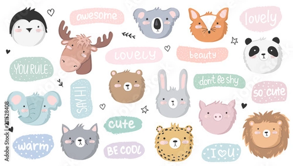 Fototapeta Vector set of cute doodle stickers with funny animals and text