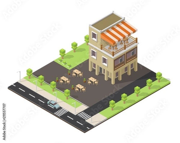 Obraz Isometric vector low poly cafe restaurant buildings shop