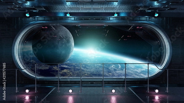 Fototapeta Black tech spaceship round window interior background 3D rendering