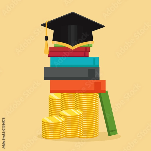 Fototapeta Graduate's cap and golden coin. Vector illustration. Investment in education concept.