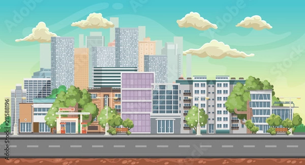 Obraz Vector game background. Landscape orientation. Panorama with colorful city.