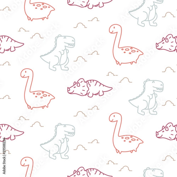 Obraz Dinosaurs line style cute baby seamless vector pattern.