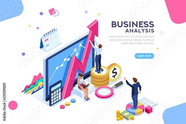 Obraz Audyt, koncepcja analizy biznesowej ze znakami. Pojęcie możliwości. Dokumentacja graficzna i audytorska, analiza ekonomiczna budżetu. Ilustracja Płaskie izometryczne tło wektor.