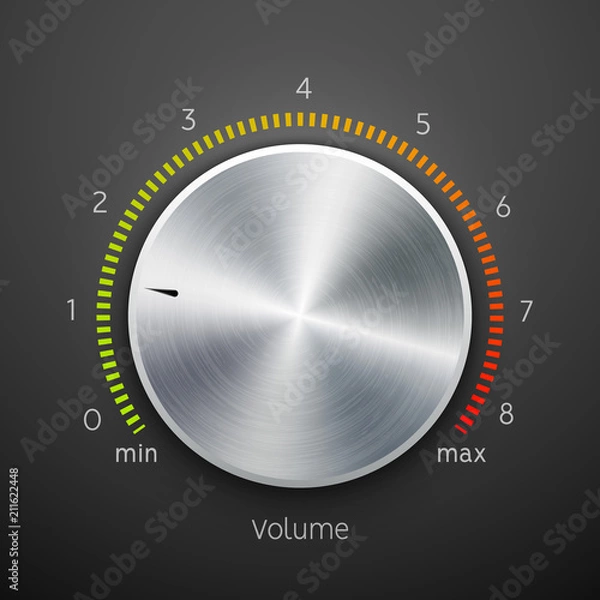 Fototapeta Volume button metal texture steel chrome. Music knob sound level. Sound panel tuner interface