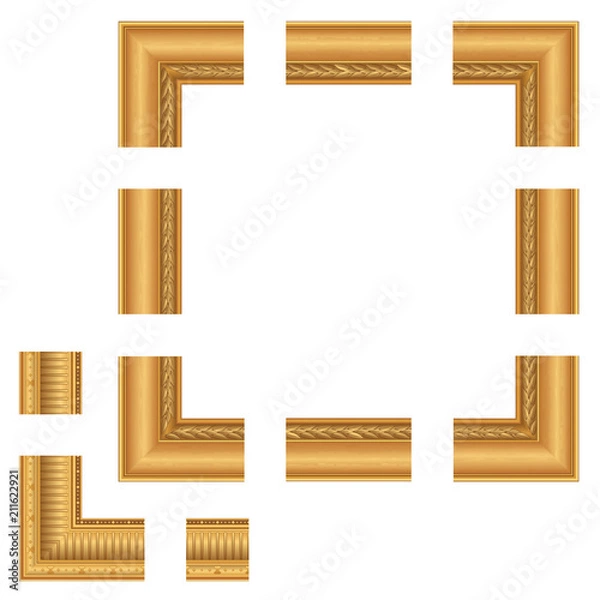 Obraz Baguette, golden frame, classic frame from different parts. Classic frame in vintage style. Set of frames for paintings. Assembly frame. A set of brushes. Vector illustration, EPS 10