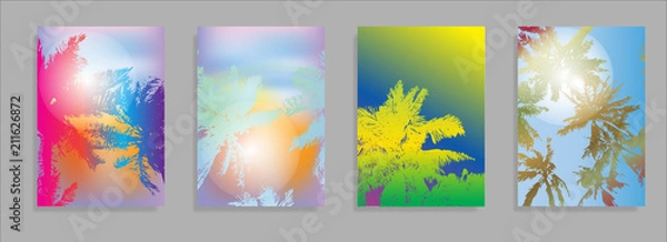 Fototapeta Colorful Summer banners, tropical backgrounds set with palms, leaves, sea, clouds, sky, beach colors. Beautiful Summer Time cards, posters, flyers, party invitations. Summertime template collection.