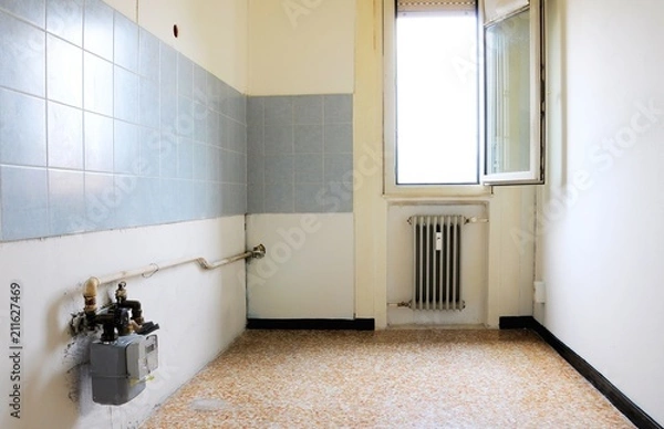 Obraz Empty kitchen interior with gas meter and window.  Architecture background.