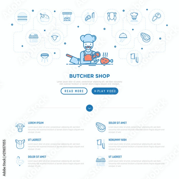 Fototapeta Butcher shop concept: chef with meat steak and knife. Thin line icons: beef, pork, mutton, BBQ, chicken, burger, cutting board. Modern vector illustration, web page template.