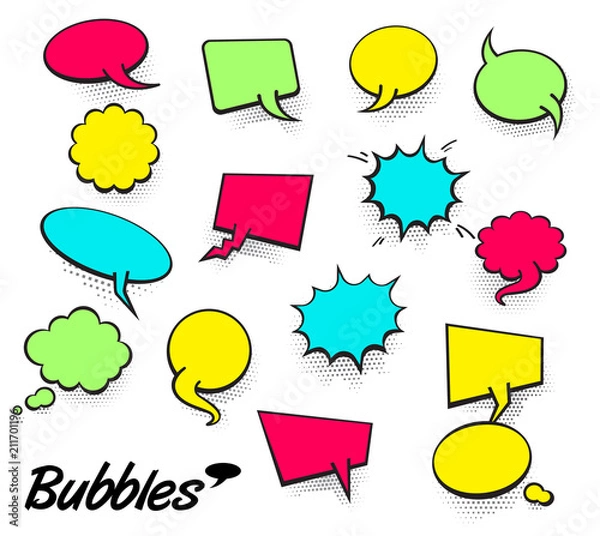 Fototapeta Vector Colored Empty comic Collection Trendy Cloud pop art comic box. Set of message bubble speech cartoon expression illustration. Comics book background template