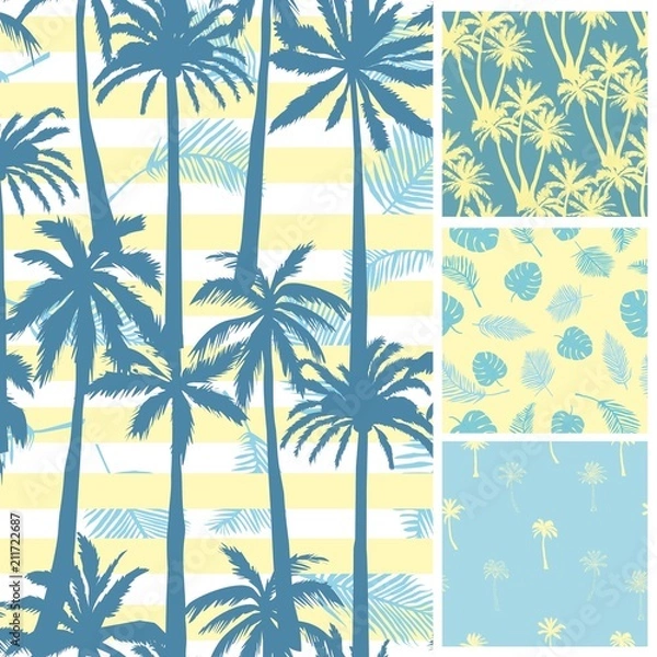 Fototapeta Palm tree pattern. Seamless hand drawn textures on exotic trendy background. Nature textile print. Modern tropical template for web, card, placard, poster, cover, flyer, invitation, brochure, banner.