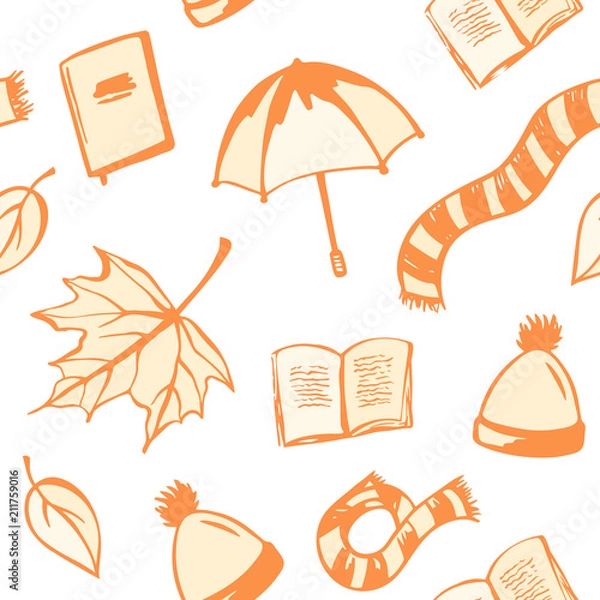 Obraz Vector color seamless pattern with autumn objects: books, leaves, scarfs and others. Hand drawn doodles.  Autumn illustration. Seamless orange contour fall pattern