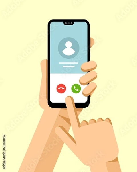 Fototapeta Hand holds the smartphone and calles to contact. Flat vector modern phone mock-up illustration