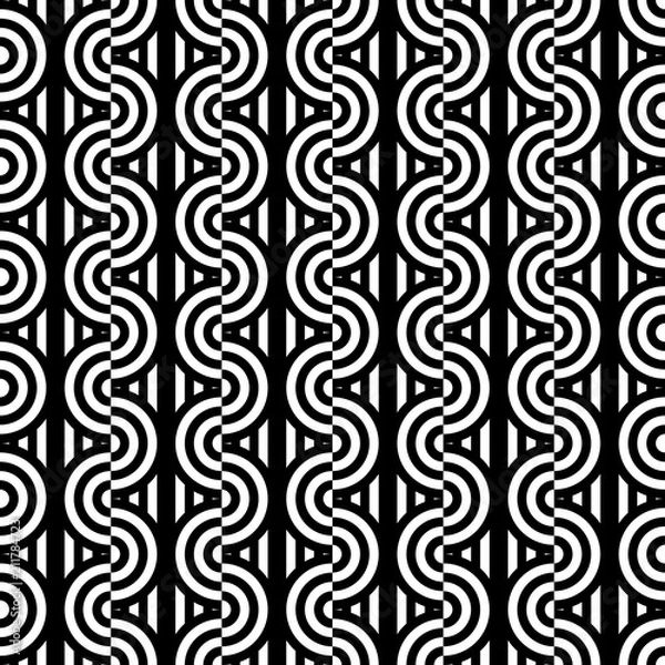 Fototapeta Seamless pattern with circles and striped black white straight lines. Optical illusion effect. Geometric tile in op art style. Vector illusive background for cloth, textile, print, web.