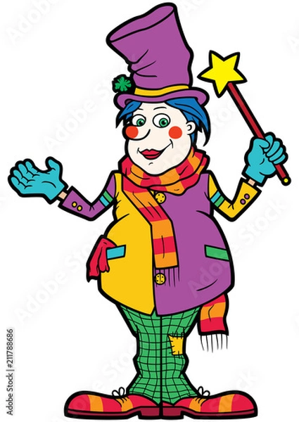 Fototapeta Friendly clown illusionist/ Illustration cartoon funny man with a magic wand disguised in top hat and clown clothes