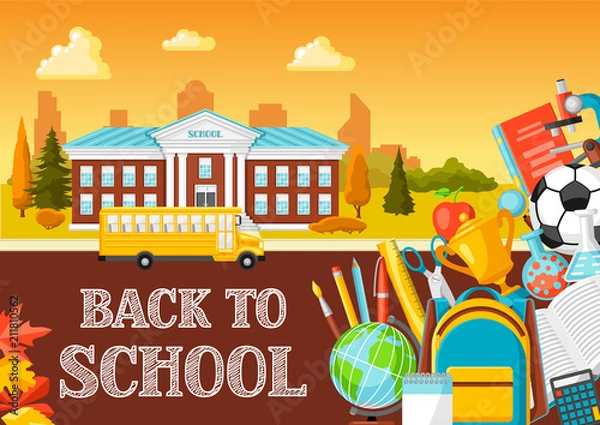 Fototapeta Illustration of school building and bus.