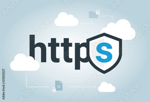Fototapeta Bezpieczne witryny sieci Web w Internecie. Protokół HTTPS. Certyfikat SSL dla witryny. Zaleta TLS. Ilustracji wektorowych.