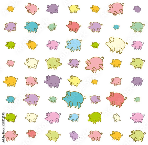 Fototapeta Piglets large and small funny colored. Seamless background with cartoon pig.
