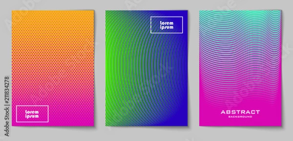 Fototapeta Zestaw pionowych abstrakcyjnych tła z wzorem rastra w neonowych kolorach. Kolekcja gradientowych tekstur z ornamentem geometrycznym. Zaprojektuj szablon ulotki, banera, okładki, plakatu w formacie A4
