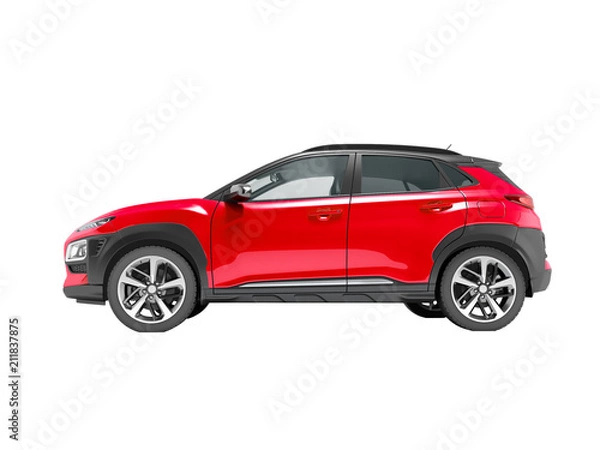 Fototapeta Modern red car crossover side view 3d render on white background no shadow