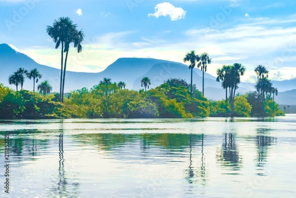 Fototapeta Carrao River in Canaima National Park with table mounts, Venezuela