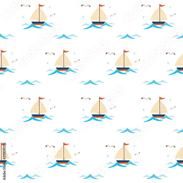 Fototapeta Yacht with waves seamless pattern on white background