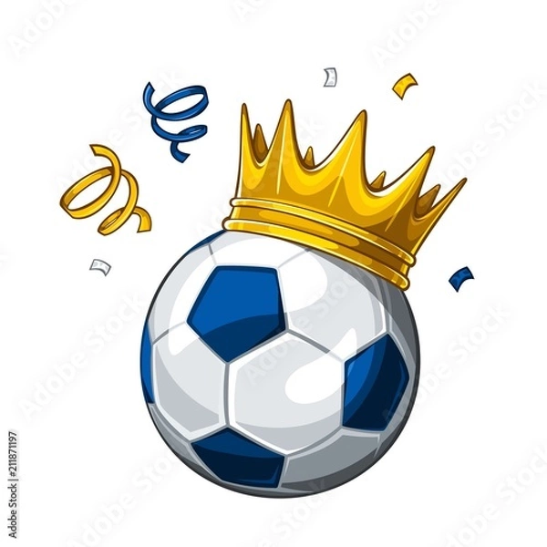 Fototapeta Vector colorful illustration of blue soccer ball in golden crown, isolated on white background. Soccer champion. Winner 1.2