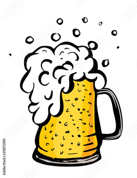 Fototapeta Color vector image of a beer mug. Drink with a lot of foam. Draft beer. Cartoon image.