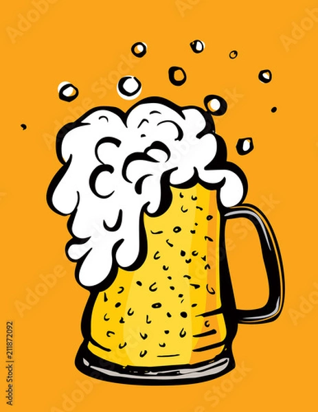 Fototapeta Color vector image of a beer mug. Drink with a lot of foam. Draft beer. Cartoon image.