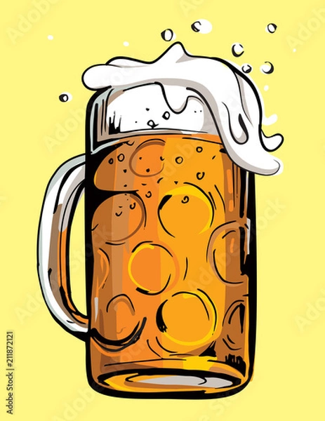 Fototapeta Color vector image of a beer mug. Drink with a lot of foam. Draft beer. Cartoon image.