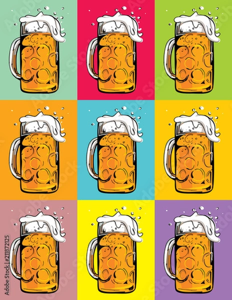 Fototapeta Color vector image of a beer mug. Drink with a lot of foam. Draught beer. Pop art  poster of beer mug