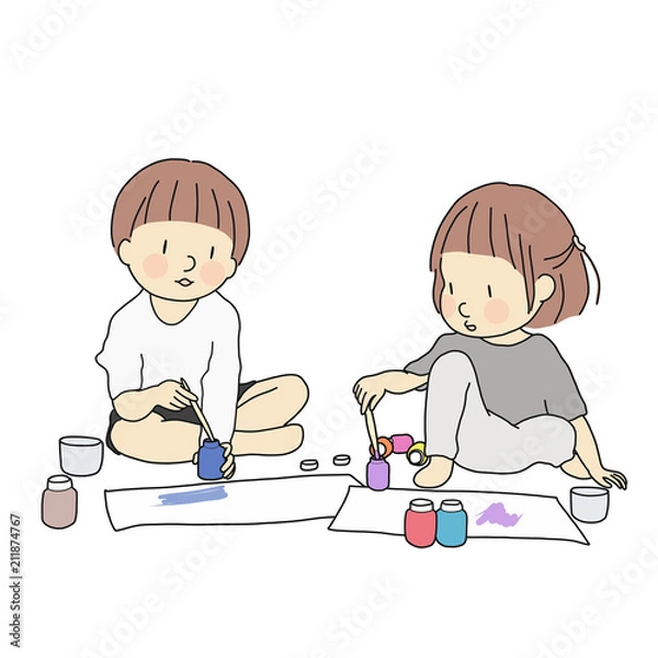 Obraz Vector illustration of two little kids, boy and girl, painting with watercolors. Early childhood development activity, education & learning, child playing, art, toy concept. Cartoon character drawing.