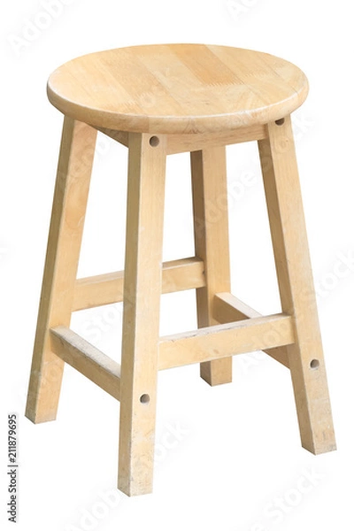 Fototapeta Round wooden chair without a backrest, isolated on white background. (Light from right to left. Shadows appear on the left side of the object.)