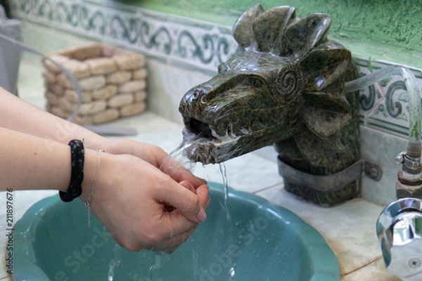 Obraz Unusual, decorative tap referring to Mayan culture and beliefs. Holy Snake - Cuculcan, Mexico