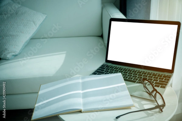 Fototapeta Laptops - Notebooks - Glasses Empty on the table Next to the balcony. Morning light. Copy space.