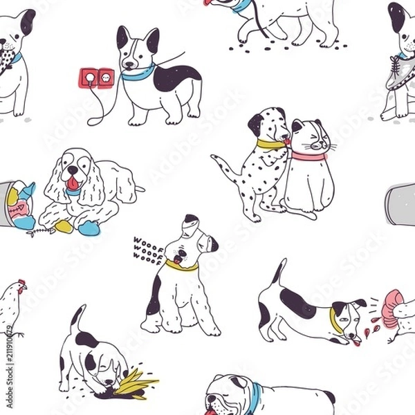 Obraz Seamless pattern with cute dogs demonstrating bad habits and behavior. Backdrop with naughty domestic animals, mischievous pets. Colorful hand drawn vector illustration for wrapping paper, wallpaper.