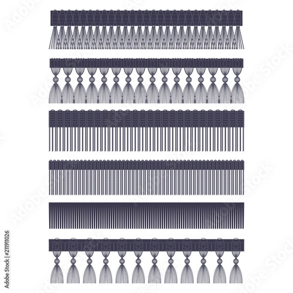 Fototapeta Fringe edge with brush and tassel trim vector flat set of seamless borders isolated on a white background.