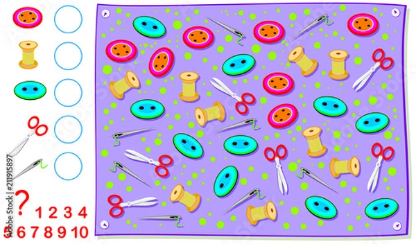 Fototapeta Mathematical exercise for kids. How many objects you can find in the picture? Count the quantity and write the numbers in the circles. Vector cartoon image.
