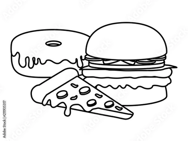 Obraz hamburger with pizza and donut over white background, vector illustration