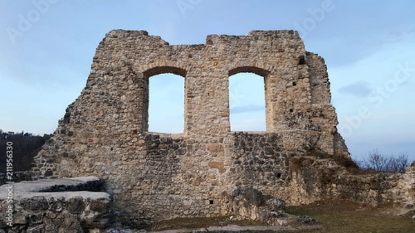 Fototapeta Old castle ruins stone wall with two windows openings left intact and located in Samobor, Croatia