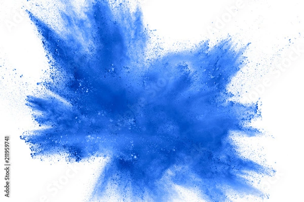 Obraz Streszczenie niebieski wybuch pyłu na białym tle. Zatrzymaj ruch rozprysku niebieskiego proszku. Malowane Holi na festiwalu.