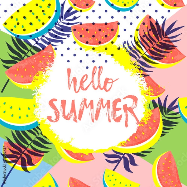 Fototapeta Hello Summer greeting card with pink Watermelon. Hand drawn Hello Summer lettering on colorful background.