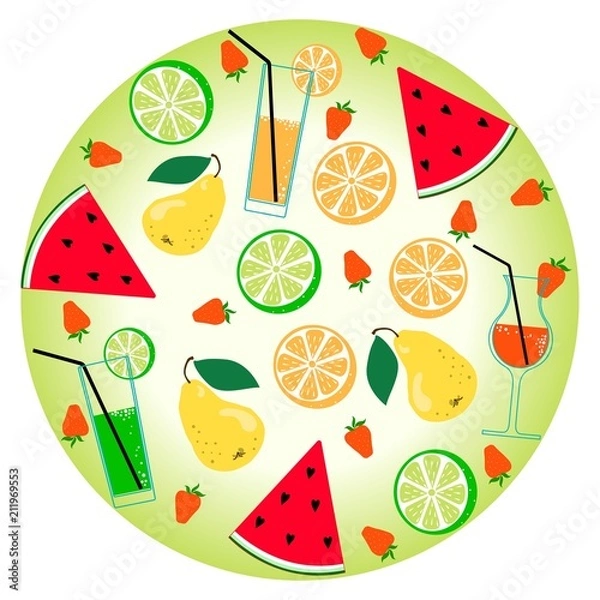 Fototapeta set of fruits and drinks in a circle jpeg
