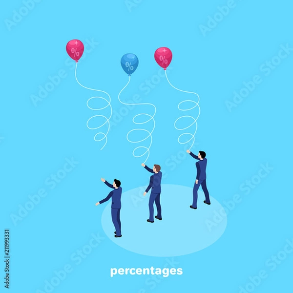 Fototapeta men in business suits launch balloons with percentages into the sky, an isometric image