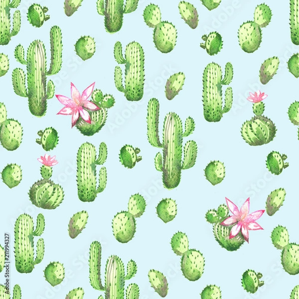 Fototapeta A seamless watercolor pattern with green cactus and pink flowers on a blue background. Handmade
