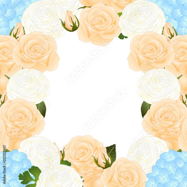 Obraz Orange Rose, Blue Hydrangea and White Ranunculus Border
