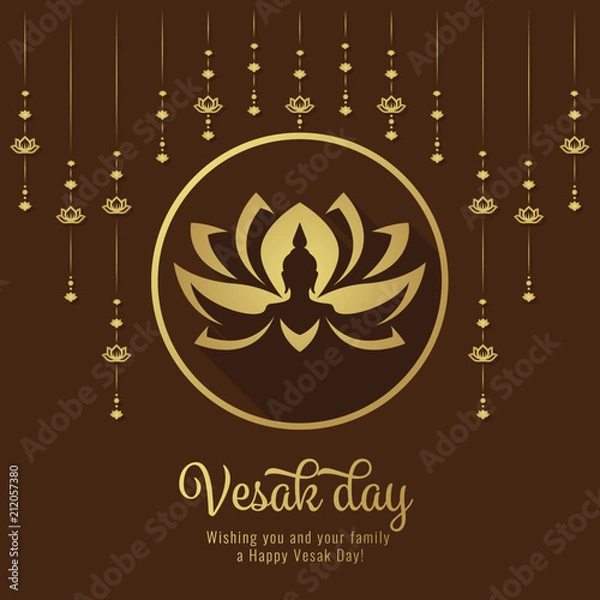 Obraz Vesak day banner with Lotus Hangers and Buddha hand on lotus in circle frame sign vector design