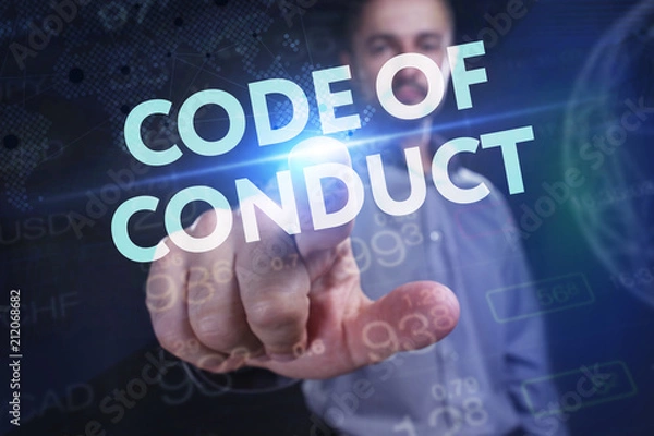 Fototapeta The concept of business, technology, the Internet and the network. A young entrepreneur working on a virtual screen of the future and sees the inscription: Code of conduct