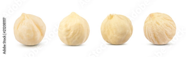 Fototapeta Collection set macro shot of four fresh raw peeled filbert hazelnut isolated on white background.