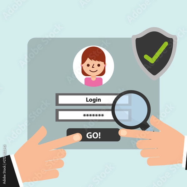 Fototapeta hand website login magnifying glass and check mark